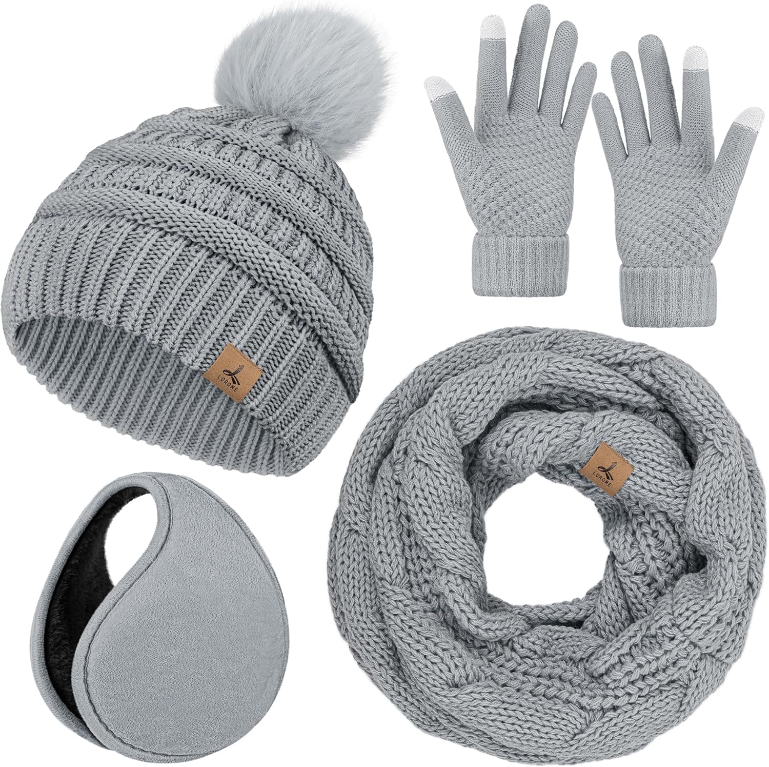 Winter Hat Scarf Gloves and Ear Warmer, Warm Knit Beanie Hat Touch Screen Gloves Set Winter Gifts Neck Scarves for Women